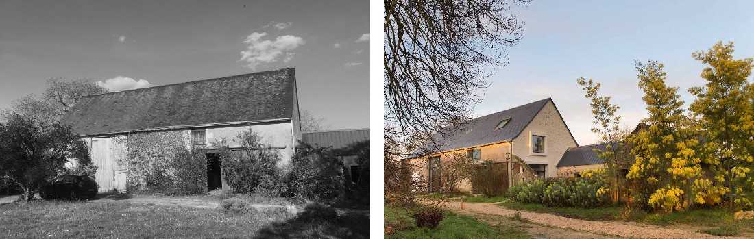 Avant-Après : tranformation de la grange en chambre d'hôtes, vue générale depuis l'extérieur