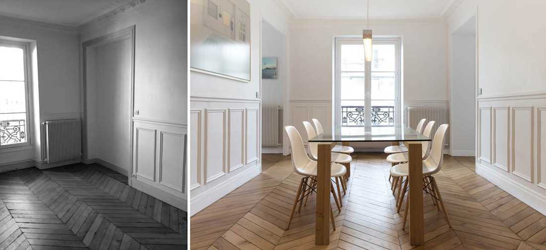 Salle à manger lumineuse dans un appartement parisien