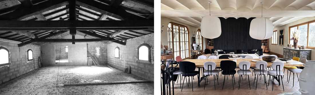 Avant - Après : Volume central qui regroupe la cuisine, la salle à manger et le salon