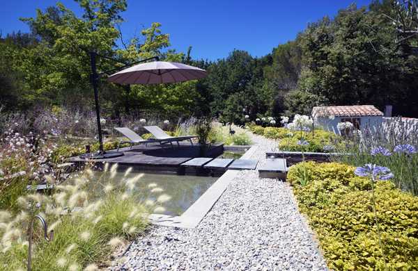 Présentation d'un projet de rénovation d'un jardin paysagé de style méditerranéen autour d'une piscine existante par un concepteur-paysagiste basé à Nîmes.